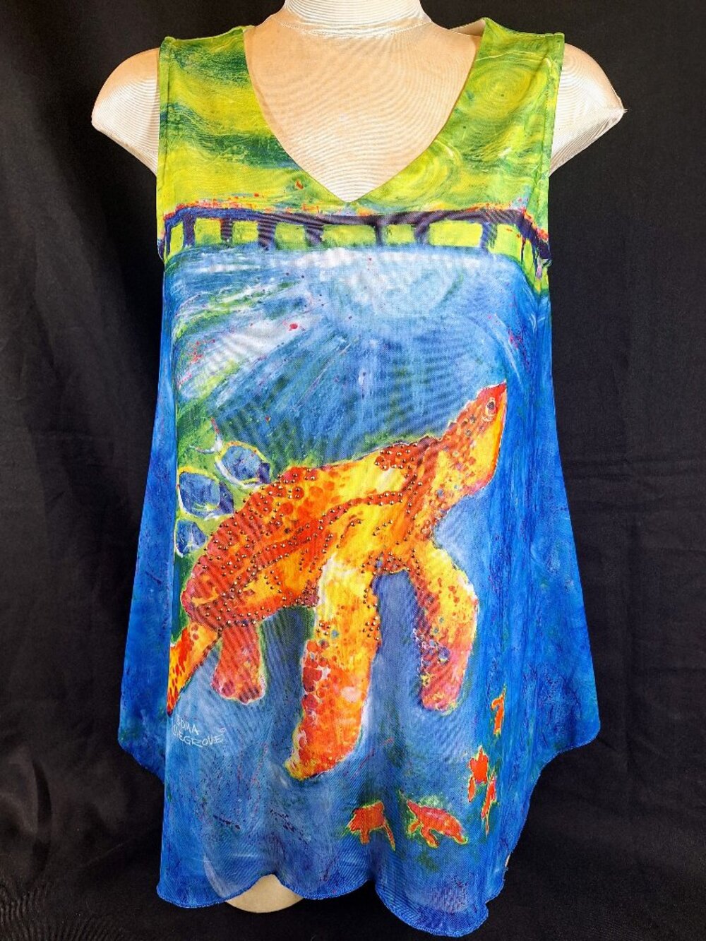 Leoma Lovegrove Colorful Flowy Womens Turtle Tank Beach Ocean M Rhinestones